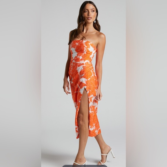 Showpo Brailey Midi Orange White Dress NWT Sz 2 - Picture 2 of 9